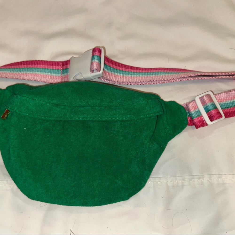 Vibrant Green Waist Bag with Pink Striped Strap